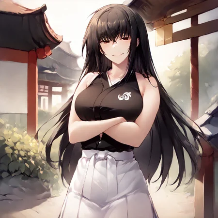 score_9, score_8_up, score_7_up, source_anime, uncensored, zPDXLxxx, <lora:intricate_details:0.5> intricate_details_xl,
<lora:DOJO:0.8> DOJO, sliding doors, architecture, east asian
score_9, score_8_up, score_7_up,
1girl, kawakami momoyo, long hair, black hair, red eyes,
narrowed eyes, smile, looking at viewer,
black shirt, sleeveless, white skirt, crossed arms, arms under breasts, large breasts,