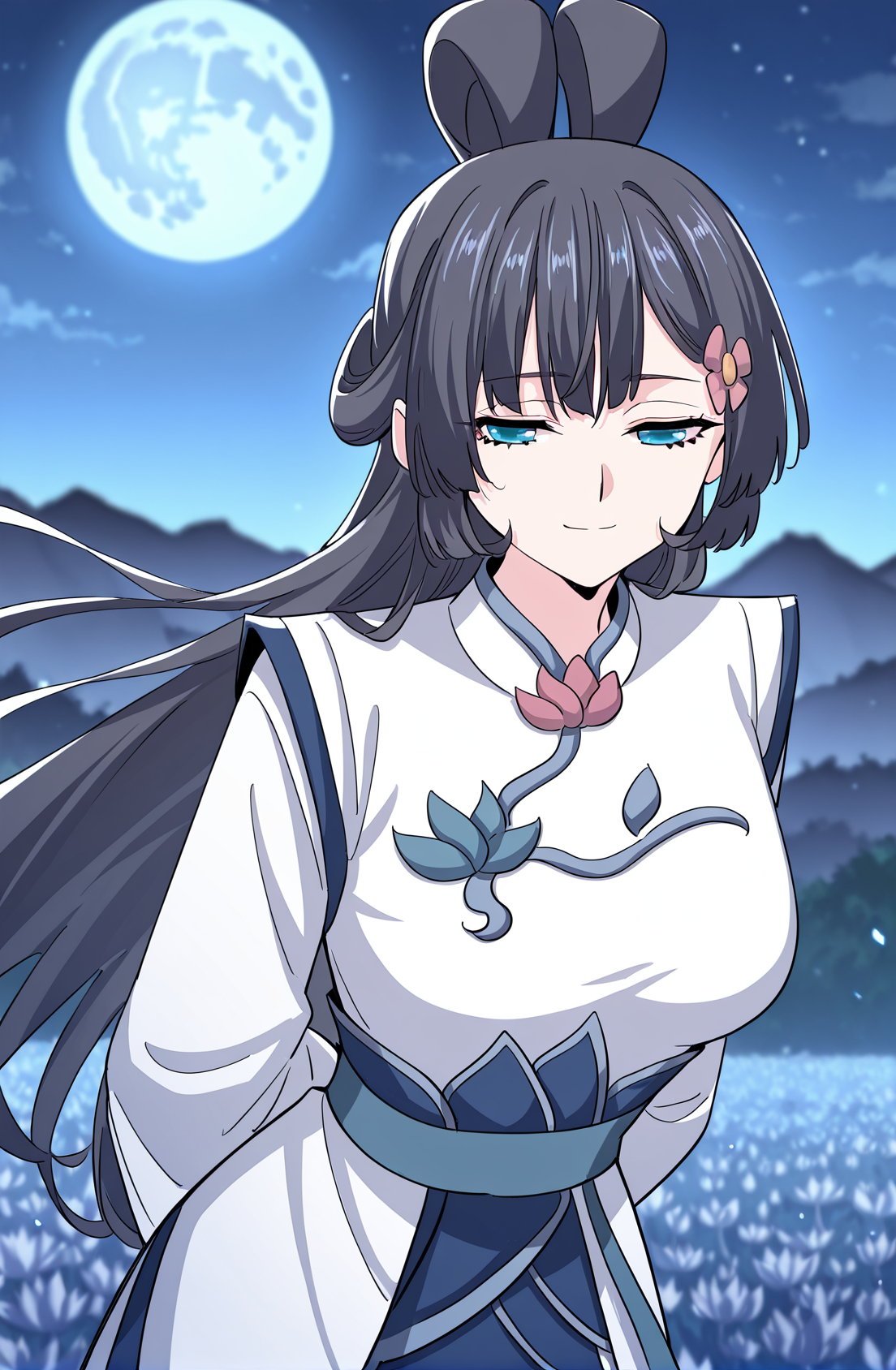 <lora:Yun_Shuang__Demon_Emperor__Illustrious:1>
1 girl, solo, long dark hair, blue eyes, side bangs, hair flower ornament, twin loop bun, 
white and blue hanfu, lotus pattern dress, floral brooch, wide sleeves, high collar, elegant outfit, 
score_9, score_8_up, score_7_up, very aesthetic, source_anime, detailed, high quality, beautiful, masterpiece, detailed eyes, field, blurry background, pose dynamic angle, upper body, cowboy shot, light smile, floating hair, half-closed eyes, hands behind back, leaning forward, looking forward, looking at viewer, night, blue moon