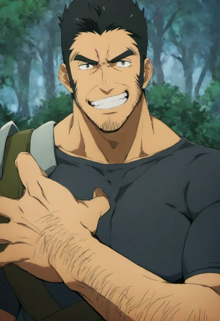 1boy,  Hwang Dongsuk, ((long sideburns)), ((wrinkle)), thick sideburns, armor,  (Stubble), (triangle_face), high headline, hairy, forest environment, tight black t-shirt,((middle-age man)), score_7_up, score_6_up, score_8_up, score_9_up, face_focus, muscular, evil_grin, smile, centered, looking at viewer,  8k uhd, high quality,(Nasolabial fold), attack pose