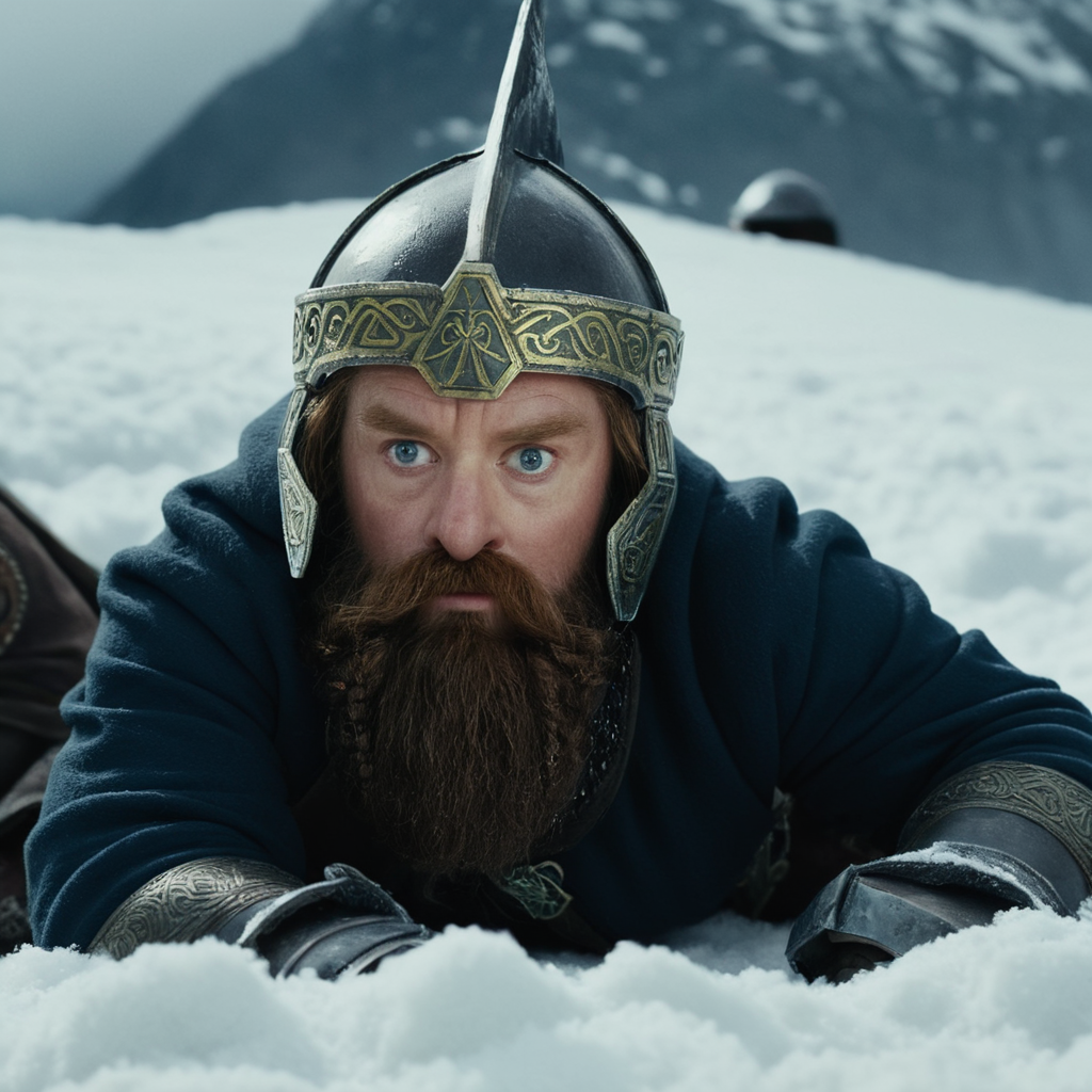 cinematic film still of  <lora:The Lord of the Rings style v2:1>
In a Fantasy Middle-earth world in the dark ages dwarfs a dwarf in a snow suit is laying in the snow,solo,1boy,male focus,cloud,facial hair,helmet,cloudy sky,beard,snow,mountain , dramatic light, dramatic shadow light, film contrast, cinematic film color, cinematic film look, filmic, realistic, realism, perfection, perfect, movie still, fantasy drama, epic drama, fictional, Age of Wonders, Age of Empires, warriors,  Medieval style, middle ages, dungeons and dragons style, different people, different, unique, kingdoms and castles, violent, aggressive, detailed, perfection, detailed face, detailed body, detailed hands, detailed eyes, sharp, horror themed, dark themed, epic fantasy adventure film style, Legendary, mythical, The Lord of the Rings style, shallow depth of field, vignette, highly detailed, high budget, bokeh, cinemascope, moody, epic, gorgeous, film grain, grainy