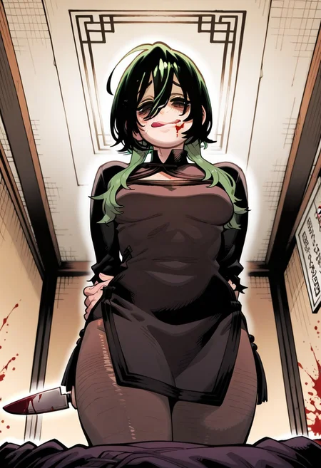 masterpiece,best quality,amazing quality,medium breasts, collarbone, cleavage, rating_safe, blushing face,by ssambatea,medium breasts, sagging breasts, utsuro_gokurakugai, long wolf cut, short hair with long locks, two-tone hair, multicolored hair, layered hair, hair between eyes, gradient hair, black hair, green hair, modern chinese dress, cleavage cutout, torn sleeves, (self-harm hand scars:0.4), torns pantyhose, ripped pantyhose, hands behind back, looking at viewer, happy, blood on face, :q, detailed eyes, holding knife, blood on knife, from below, blood on face, blood splatter, 
blood on clothes,  blood pov, blood splatter pov, bangs under eyes, scary, eerie, yandere, killer gaze,
