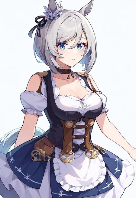 score_9, score_8, score_7, source_anime, dirndl, flower, twintails, swept bangs, grey hair, horse girl, choker, tail, short sleeves, EishinDefault, animal ears, ear ornament, tail, medium hair, bob cut