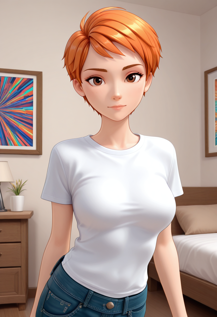 Graphic Design, color art, vibrant colors, colorful, intricate details, high contrast, detailed background, beautiful detailed, beautiful face, detailed eyes, detailed face, new, 1girl, solo, l3r4, short hair, ginger hair, brown eyes, white shirt, t-shirt, medium breasts, jeans, room, looking at viewer, dynamic pose, perspective, (masterpiece, best quality, newest, recent, absurdres),