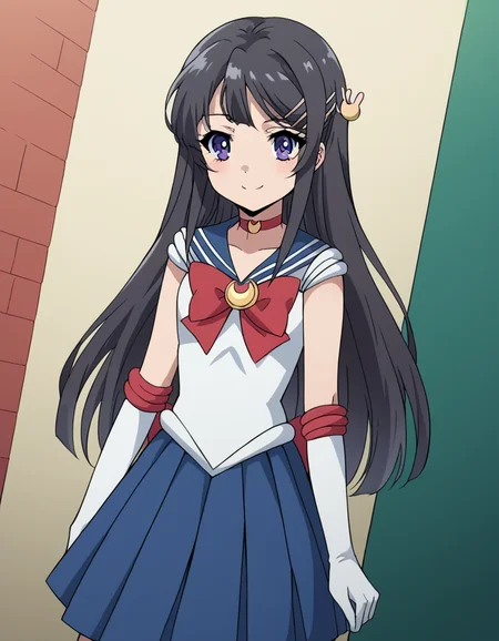 score_9, score_8_up, score_7_up, source_anime, maisakurajima, <lora:mai-sakurajima-s1-ponyxl-lora-nochekaiser:1> mai sakurajima, long hair, bangs, black hair, hair ornament, purple eyes, hairclip, rabbit hair ornament,, <lora:sailor-moon-cosplay-ponyxl-lora-nochekaiser:1>, sailormooncosplay, sailor moon \(cosplay\), back bow, blue sailor collar, blue skirt, boots, bow, brooch, choker, crescent moon, elbow gloves, gloves, jewelry, knee boots, magical girl, pleated skirt, red bow, red choker, ribbon, sailor collar, sailor senshi uniform, skirt, white gloves,,, outdoors, streets, smile, blush,, cowboy shot, dutch angle, solo,