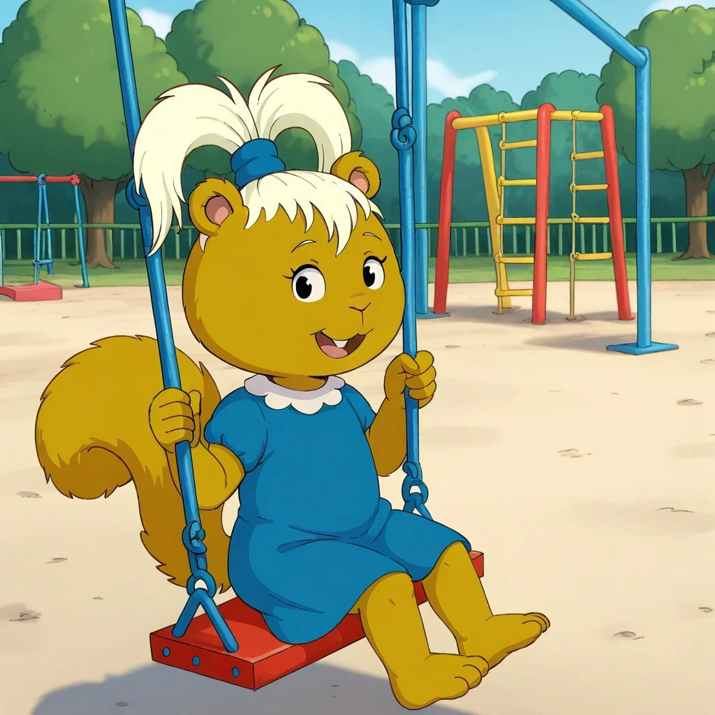 NadineF, 1girl, solo, squirrel, light-colored hair tied with a blue band, buck tooth, blue dress, white collar, bushy tail, barefoot, open mouth, sitting on swing, looking at viewer, outdoors, playground, swingset, detailed background
