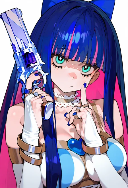 <lora:EatSleep1111StyleSDXL11:1>, best quality, masterpiece, very awa, eatsleep1111, 1girl, holding weapon, stocking (psg), multicolored hair, colored inner hair, long hair, large breasts, blue nails, pink hair, holding gun, blunt bangs, blue hair, looking at viewer, hair bow, bridal gauntlets, bare shoulders, upper body, two-tone hair, jewelry, nail polish, blue bow, white background, handgun, finger to cheek, closed mouth, simple background, white choker, bracelet, ring, aqua eyes, dress, index finger raised, long fingernails, revolver, hand up, elbow gloves, trigger discipline, eyelashes, frills, frilled choker