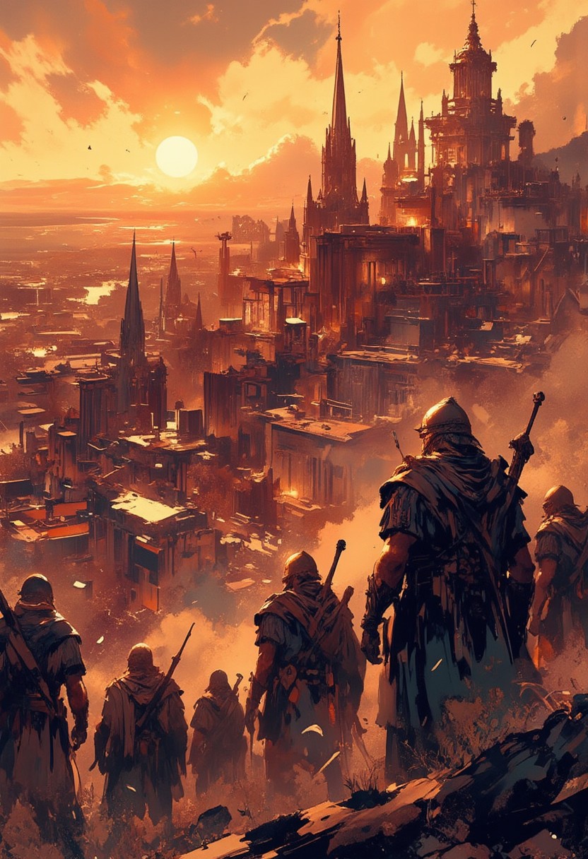 Mh1$AgThS2, intricate linework with expressive contrasts, soft lighting with dynamic highlights, image of bronze age greek soldiers, surrounding a bronze age city, silhouetted at sunset, chiascuro, In the style of ff-td