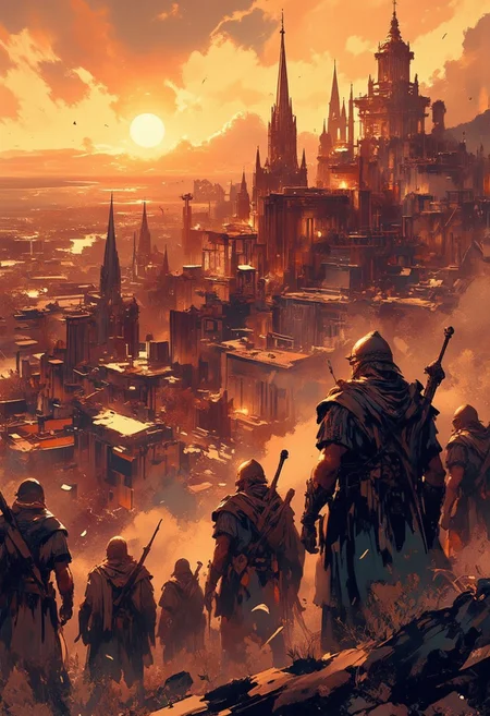 Mh1$AgThS2, intricate linework with expressive contrasts, soft lighting with dynamic highlights, image of bronze age greek soldiers, surrounding a bronze age city, silhouetted at sunset, chiascuro, In the style of ff-td