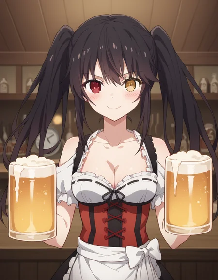 score_9, score_8_up, score_7_up, source_anime, kurumitokisaki, <lora:kurumi-tokisaki-s4s5-ponyxl-lora-nochekaiser:1>, kurumi tokisaki, black hair, red eyes, long hair, twintails, yellow eyes, heterochromia, clock eyes,, <lora:dirndl-ponyxl-lora-nochekaiser:1>, dirndl, german clothes, beer mug, collarbone, cleavage, beer, underbust, waist apron,, indoors, bar, smile, blush,, cowboy shot, dutch angle, looking at viewer,