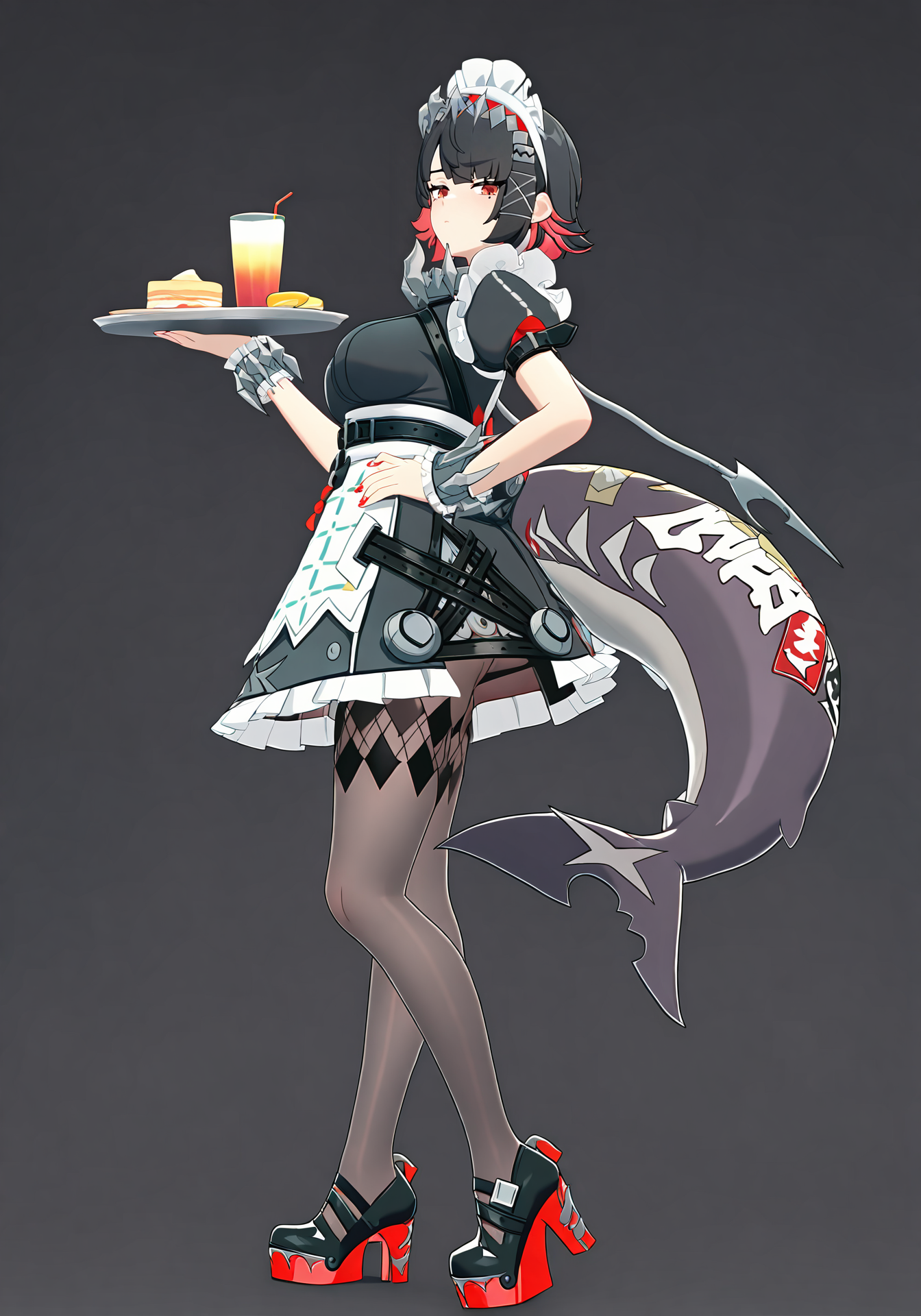 newest, masterpiece, best quality, <lora:zzz_v-000018:0.8>, (3d:0.8), simple background, black_background
BREAK
1girl, solo, zenless zone zero, ellen joe, bored, full body, from side, maid, hand on own hip, holding tray, looking at viewer,