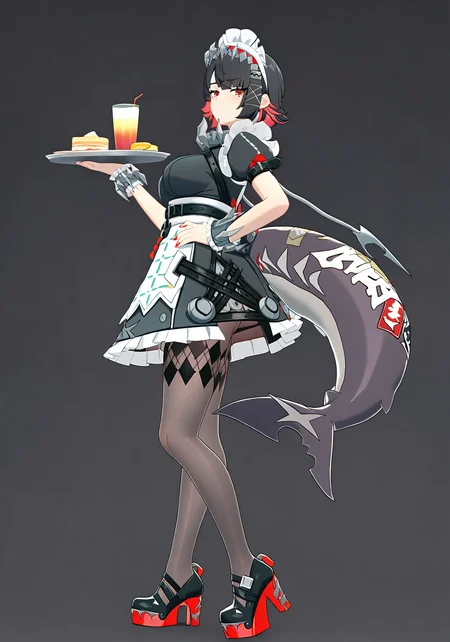 newest, masterpiece, best quality, <lora:zzz_v-000018:0.8>, (3d:0.8), simple background, black_background
BREAK
1girl, solo, zenless zone zero, ellen joe, bored, full body, from side, maid, hand on own hip, holding tray, looking at viewer,