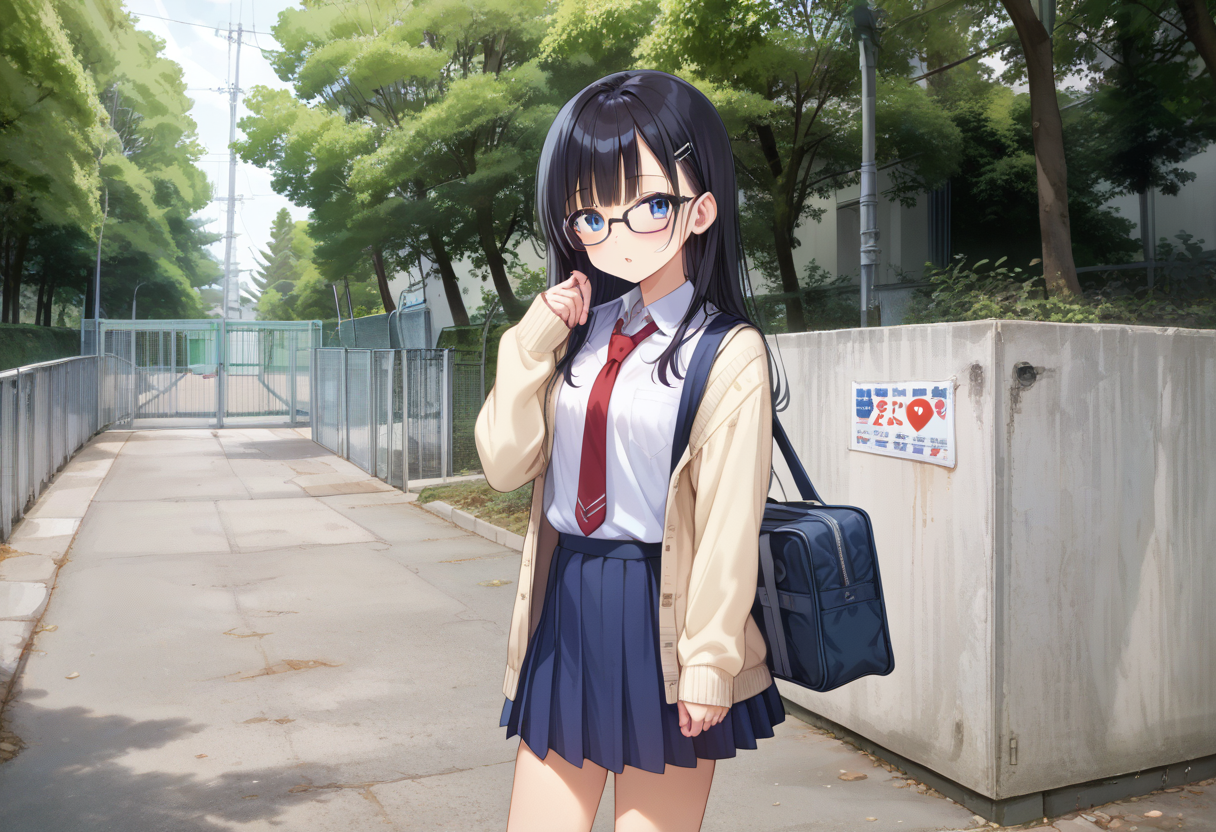 score_9, score_8_up, score_7_up, rating_safe, masterpiece, best quality, absurdres, unity 8k wallpaper, official art, official style, source_anime, uncensored, game cg, megami magazine,
1girl, solo, glasses, black hair, long hair, blue eyes, collared shirt, red necktie, pleated skirt, blue skirt, cardigan, looking at viewer, blush, school bag, 
school gate, tree, scenery, outdoors, fence, day, sign, building, real world location
 <lora:schoolgate_PONY_V1:1>