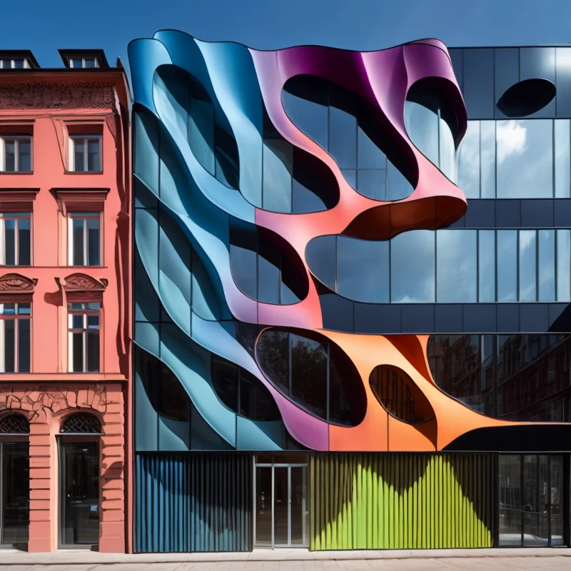 a photo of a modern shop building with the colored facade in organic shapes and forms in the style midjor, epic sky, <lora:theovercomer8sContrastFix_sd15:0.5> <lora:Midjor_Style_V1:1>