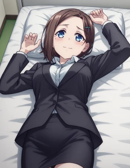 score_9, score_8_up, score_7_up, source_anime,
tawawakouhai, <lora:tawawa-kouhai-chan-ponyxl-lora-nochekaiser:1>,
kouhai, short hair, blue eyes, brown hair, hair ornament, hairclip, mole, mole under eye, smile, blush, embarrassed,
skirt, shirt, jacket, white shirt, collared shirt, black skirt, black jacket, dress shirt, formal, suit, pencil skirt, office lady,
indoors, bed, bedroom, lying on back, arm support, arms up, incoming hug, pov, reaching, reaching towards viewer,
looking at viewer, dutch angle, cowboy shot,