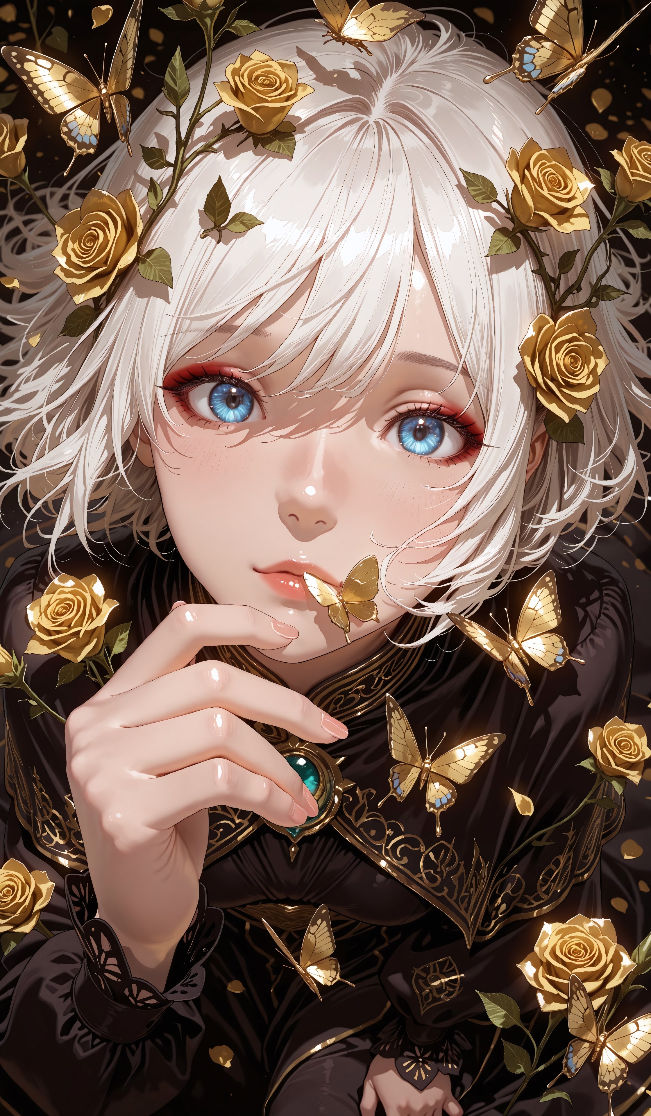 masterpiece, best quality, very aesthetic, absurdres, stylized, newest, depth of field, HDR, high contrast, sharp focus, 8k resolution, digital art, anime style, vibrant colors, photorealistic, smooth gradients, fantasy art style, cinematic lighting, mystical aura, soft shadow, art nouveau inspired, (soft lighting:1.2), (lighting from above:1.2), (scenery), (detailed background design), Anime girl, 1girl, solo, (ethnicity:1.1), (detailed clothing:1.2), (accessories:1.1), (facial features:1.3), (expression:1.2), (body type:1.1), (pose:1.2) holding a yellow rose, centered in frame, blue eyes (detailed eyes:1.3), facing directly at viewer, delicate lighthearted expression, soft and detailed makeup, (detailed skin texture:1.2), (hair:1.2) white voluminous,  gold butterflies floating around, dark black background, with scattered gold details, soft lighting, art nouveau style, photorealistic, digital art, detailed rose petals and leaves, golden highlights, light and shadow gradients,  close-up perspective, high detail, 8k resolution.