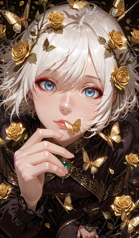 masterpiece, best quality, very aesthetic, absurdres, stylized, newest, depth of field, HDR, high contrast, sharp focus, 8k resolution, digital art, anime style, vibrant colors, photorealistic, smooth gradients, fantasy art style, cinematic lighting, mystical aura, soft shadow, art nouveau inspired, (soft lighting:1.2), (lighting from above:1.2), (scenery), (detailed background design), Anime girl, 1girl, solo, (ethnicity:1.1), (detailed clothing:1.2), (accessories:1.1), (facial features:1.3), (expression:1.2), (body type:1.1), (pose:1.2) holding a yellow rose, centered in frame, blue eyes (detailed eyes:1.3), facing directly at viewer, delicate lighthearted expression, soft and detailed makeup, (detailed skin texture:1.2), (hair:1.2) white voluminous,  gold butterflies floating around, dark black background, with scattered gold details, soft lighting, art nouveau style, photorealistic, digital art, detailed rose petals and leaves, golden highlights, light and shadow gradients,  close-up perspective, high detail, 8k resolution.