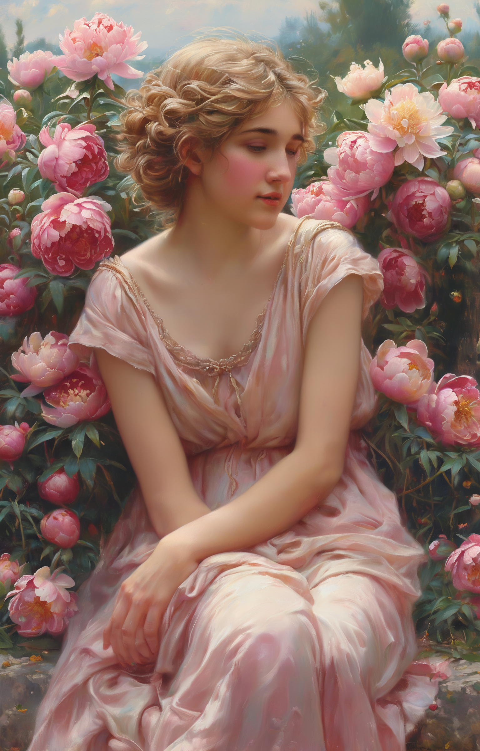 masterpiece,best quality,<lora:tbh270-sdxl:0.9>,illustration,style of Guillaume Seignac decaying peonies