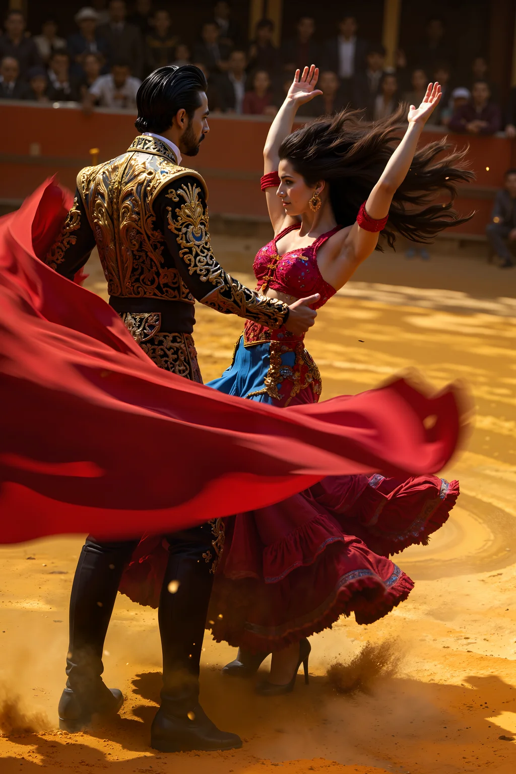 A striking Latino man with slicked-back black hair and a well-groomed beard stands confidently in an embroidered matador jacket, his red cape swirling dramatically as he faces an unseen opponent. Beside him, a Latina woman with deep brown skin and voluminous curly hair wears a vibrant flamenco dress, her arms raised gracefully as she spins in perfect synchronization with his movements. The golden sand of the arena glows beneath their feet, and the audience watches in anticipation, captivated by their bold and theatrical performance.<lora:XRSTYLE_FLUX:0.5><lora:black_fantasy_1.0:0.5><lora:FluxDFaeTasticDetails:0.7>