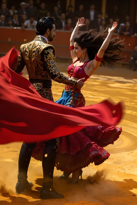 A striking Latino man with slicked-back black hair and a well-groomed beard stands confidently in an embroidered matador jacket, his red cape swirling dramatically as he faces an unseen opponent. Beside him, a Latina woman with deep brown skin and voluminous curly hair wears a vibrant flamenco dress, her arms raised gracefully as she spins in perfect synchronization with his movements. The golden sand of the arena glows beneath their feet, and the audience watches in anticipation, captivated by their bold and theatrical performance.<lora:XRSTYLE_FLUX:0.5><lora:black_fantasy_1.0:0.5><lora:FluxDFaeTasticDetails:0.7>