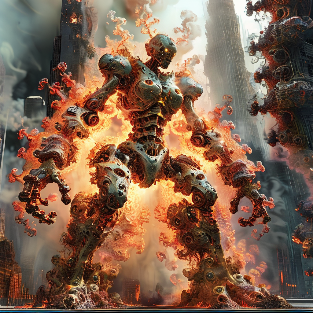 fractalex powerful robots in the background, destroyed robot city, flames, smoke<lora:fractalex:1>