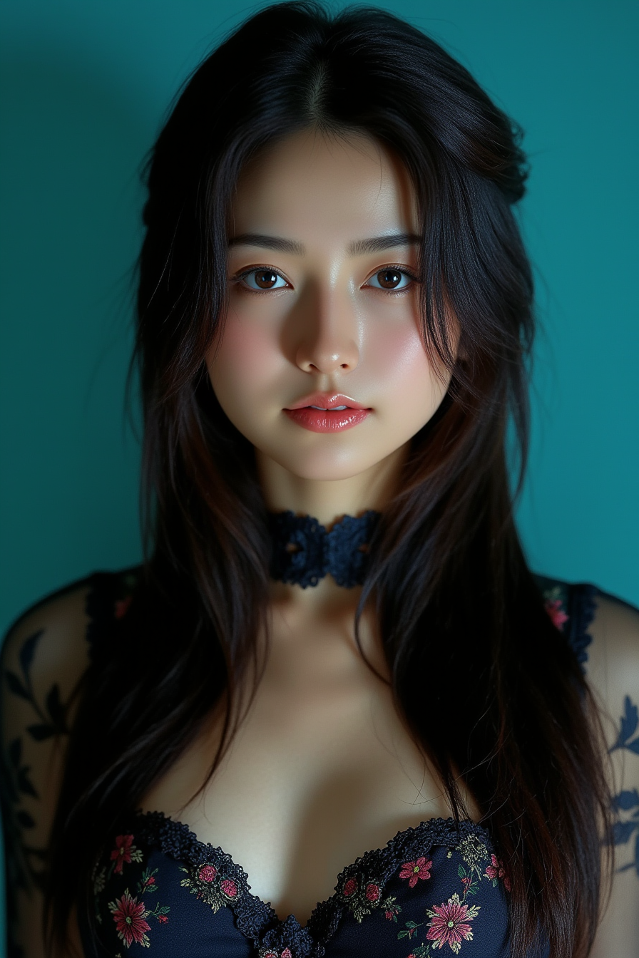 [1]a stunning real medium breasts Korean woman with long, flowing dark hair, her piercing gaze directly addressing the viewer. score_9, score_8_up, score_7_up, 4k, high quality, (best quality:1.1), realistic, photorealistic, close-up, upper body, (ultra HD quality details), High Fashion, A highly detailed, realistic digital photo of a Korean woman 28yo with a pale complexion, emphasizing her enigmatic and mystical aura,, high resolution, rich textures, and contemplative mood. Her eyes are a deep piercing and  brown, dynamic, dramatic, haute couture, elegant, ornate clothing, dark straight hair in an elegant updo with a few loose strands framing her face, wearing a high-collared garment with floral patterns in a dark, against a cyan gradient background, 
