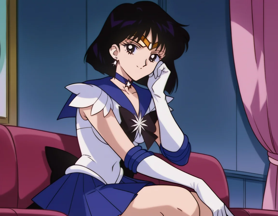 score_9, score_8_up, score_7_up, source_anime, <lora:hotaru-tomoe-s3-ponyxl-lora-nochekaiser:1>, hotaru tomoe, short hair, black hair, black eyes,, skirt, gloves, bow, jewelry, pleated skirt, earrings, choker, elbow gloves, white gloves, sailor collar, star (symbol), magical girl, tiara, brooch, purple skirt, back bow, sailor senshi uniform, star choker, purple sailor collar, star brooch, sailor saturn, indoors, smile, looking at viewer, solo, sitting, head rest,, cowboy shot, dutch angle