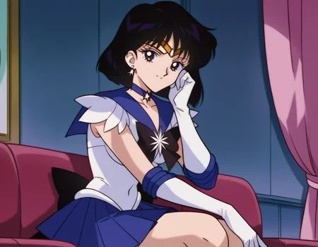 score_9, score_8_up, score_7_up, source_anime, <lora:hotaru-tomoe-s3-ponyxl-lora-nochekaiser:1>, hotaru tomoe, short hair, black hair, black eyes,, skirt, gloves, bow, jewelry, pleated skirt, earrings, choker, elbow gloves, white gloves, sailor collar, star (symbol), magical girl, tiara, brooch, purple skirt, back bow, sailor senshi uniform, star choker, purple sailor collar, star brooch, sailor saturn, indoors, smile, looking at viewer, solo, sitting, head rest,, cowboy shot, dutch angle