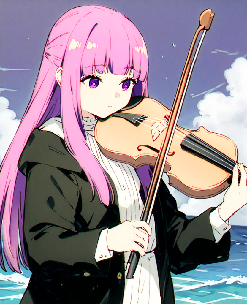 <lora:xtq:0.7>,violin,instrument,playing instrument,holding,bow \(music\),holding instrument,<lora:Vincent_Sketch_Manga:1>,daiton,<lora:è¥ä¼¦:1>,fl,long hair,bangs,blunt bangs,purple eyes,purple hair,white shirt,black jacket,fold,sea,dark clouds,, masterpiece,best quality,very aesthetic,absurdres,8k,<lora:ä¿®æsl:1>,