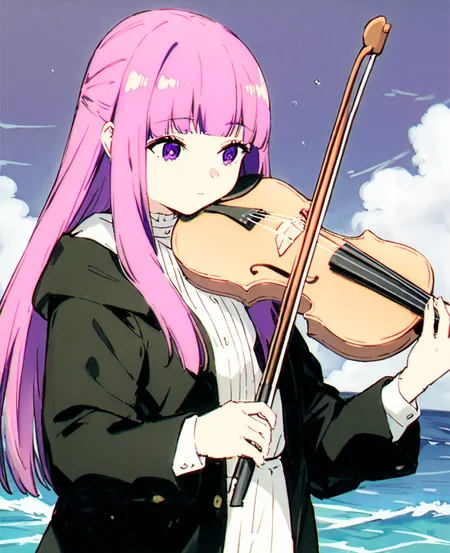 <lora:xtq:0.7>,violin,instrument,playing instrument,holding,bow \(music\),holding instrument,<lora:Vincent_Sketch_Manga:1>,daiton,<lora:è¥ä¼¦:1>,fl,long hair,bangs,blunt bangs,purple eyes,purple hair,white shirt,black jacket,fold,sea,dark clouds,, masterpiece,best quality,very aesthetic,absurdres,8k,<lora:ä¿®æsl:1>,