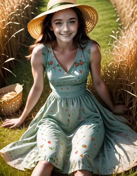 score_9, score_8_up, score_7_up,
a realistic 20-year-old kmw  woman,
spring dress, florant print, straw hat,
lying on grass, smiling,
 <lora:kmw_v56:1>