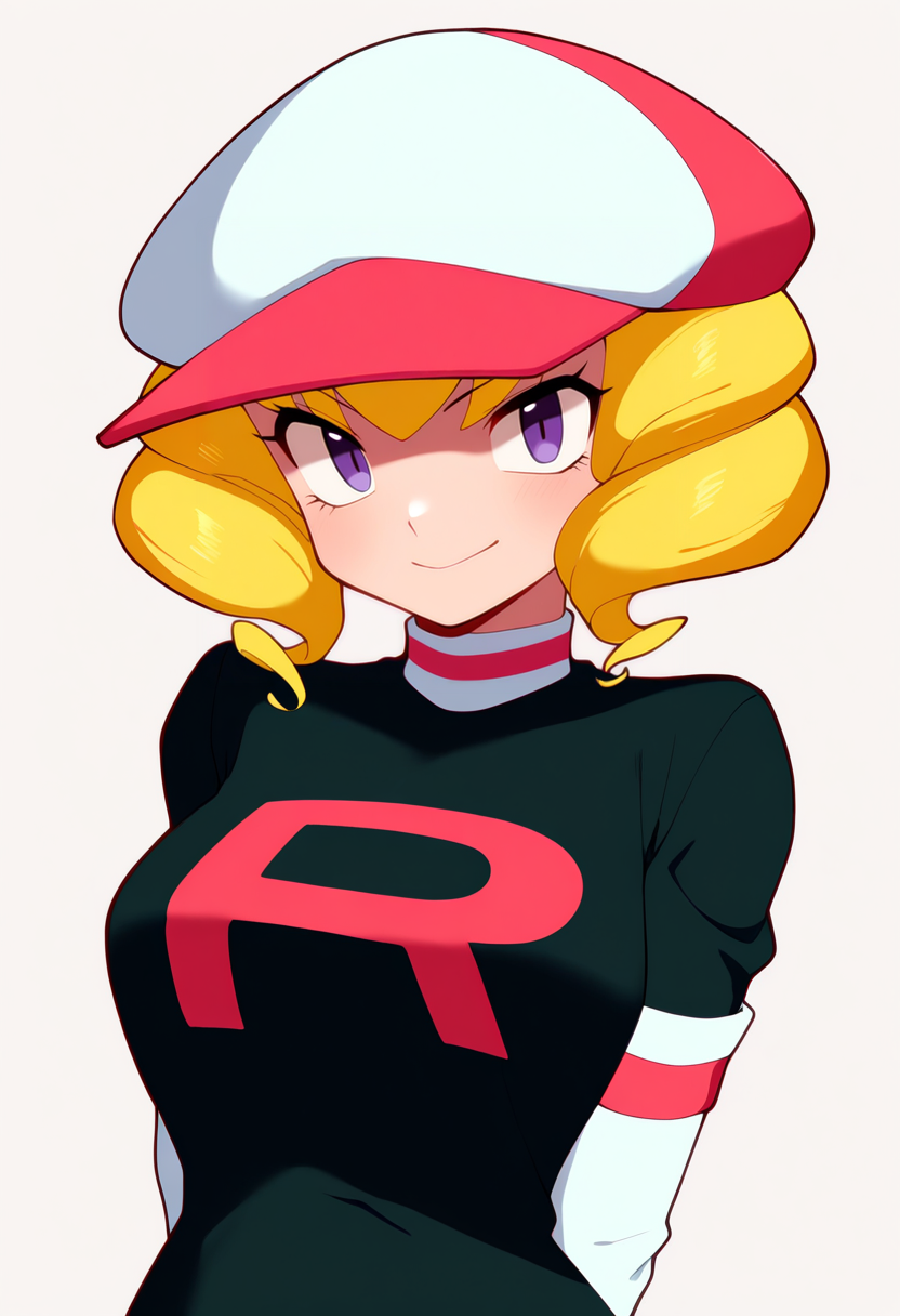 masterpiece, best quality, very aesthetic, absurdres,
1girl, domino, blonde hair, purple eyes, drill hair, 
hat,
team rocket, team rocket uniform, elbow gloves,
medium breasts,
arms behind back,
upper body, smile,
looking at viewer, solo, simple background, white background,  <lora:DominoNoobXL_byKonan:1>