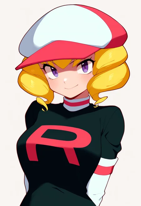 masterpiece, best quality, very aesthetic, absurdres,
1girl, domino, blonde hair, purple eyes, drill hair,
hat,
team rocket, team rocket uniform, elbow gloves,
medium breasts,
arms behind back,
upper body, smile,
looking at viewer, solo, simple background, white background, <lora:DominoNoobXL_byKonan:1>