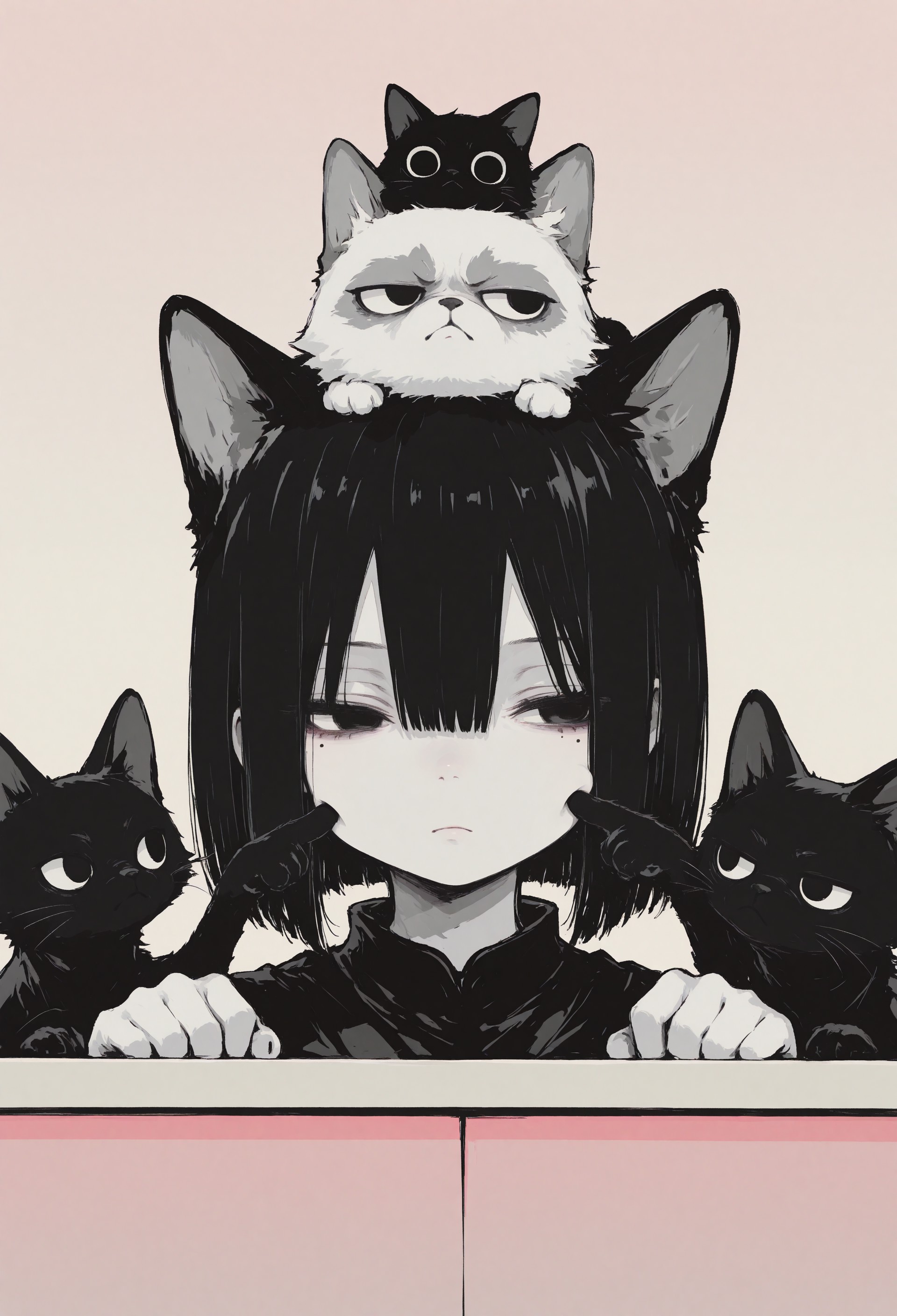 1girl, solo, black hair, bob cut, hair between eyes, solid black eyes, detailed eyes, looking to the side, mole under eye, head support, head on counter, expressionless, pale skin, straight on, close up, animal focus, grumpy cat, black cat,cat on head, paw up, (cheek poking:1.1), pink gradient background, chromatic aberration, limited palette, no lineart, no outline,painterly, blending, flat color,15546+456868, r17329_illu,S4bit4mago_illu