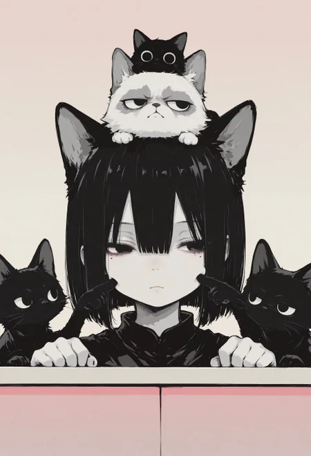 1girl, solo, black hair, bob cut, hair between eyes, solid black eyes, detailed eyes, looking to the side, mole under eye, head support, head on counter, expressionless, pale skin, straight on, close up, animal focus, grumpy cat, black cat,cat on head, paw up, (cheek poking:1.1), pink gradient background, chromatic aberration, limited palette, no lineart, no outline,painterly, blending, flat color,15546+456868, r17329_illu,S4bit4mago_illu