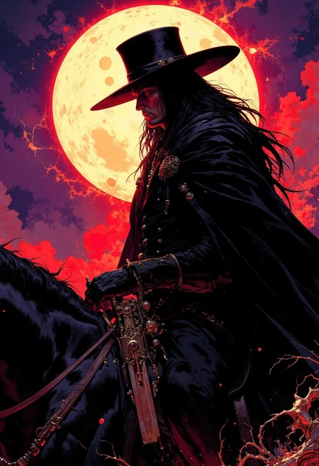 weibo, drawing, illustration retro 90's, Yoshitaka Amano, Ayami Kojima, chromatic aberration, detail, high contrast, cinematic view, volumetric lighting, perspective, side_view,, vampire_hunter, gothic_fantasy, full_moon_background, long_black_hair, golden_details, purple_twilight, red_sky, dramatic_lighting, eerie_atmosphere, fantasy_art, dark_romantic, horseback, misty_night, eerie_moonlight, dramatic_silhouette, gritty_texture, melancholic_mood, thick_linework, surreal,cinematic, intense_detail,photorealistic,(sharp focus:1.3). A stylized character with a striking appearance. A close-up, side view shot of a face mysterious vampire hunter on horseback, silhouetted dramatically against a large, glowing full moon. The view captures the hunter from a slightly below perspective, emphasizing their towering and intimidating presence. They wear a wide-brimmed hat, enhancing the mystery. He long, flowing cloak are visible in the foreground, creating an intense focus on their form. The horse’s head and muscular neck are partially illuminated by the moonlight, adding to the powerful composition. The moonlight casts a haunting glow, with soft mist in the background, creating a high-contrast effect that emphasizes the gothic and dark fantasy aesthetic. The scene feels solitary and intense, supernatural threats lurking in the night. The image is highly detailed, with a focus on the textures of his suit, the sharpness and the way his interacts with the.
DB4RZ, DB4RZ style painting