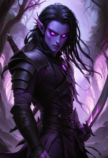 dark elf warrior, glowing purple eyes, black hair, sword