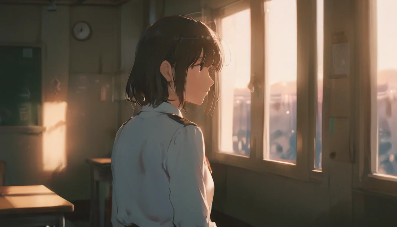 A lone schoolgirl, dressed in her crisp white and blue uniform, stands pensively by a chalkboard in an empty classroom. Soft, warm lighting illuminates the scene, with a subtle hint of sunlight peeking through the windows. Her long black hair cascades down her back as she gazes downward, lost in thought. warm, tranquility and peace,serenity-style