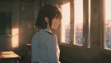 A lone schoolgirl, dressed in her crisp white and blue uniform, stands pensively by a chalkboard in an empty classroom. Soft, warm lighting illuminates the scene, with a subtle hint of sunlight peeking through the windows. Her long black hair cascades down her back as she gazes downward, lost in thought. warm, tranquility and peace,serenity-style