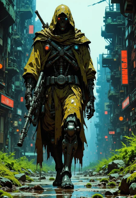 Terminator robot drapped with a dirty cloaked hood, holding a plasma rifle.
Walking in a destroyed city overgrown with moss and vines. Dark dynamic lightning.
CAICO