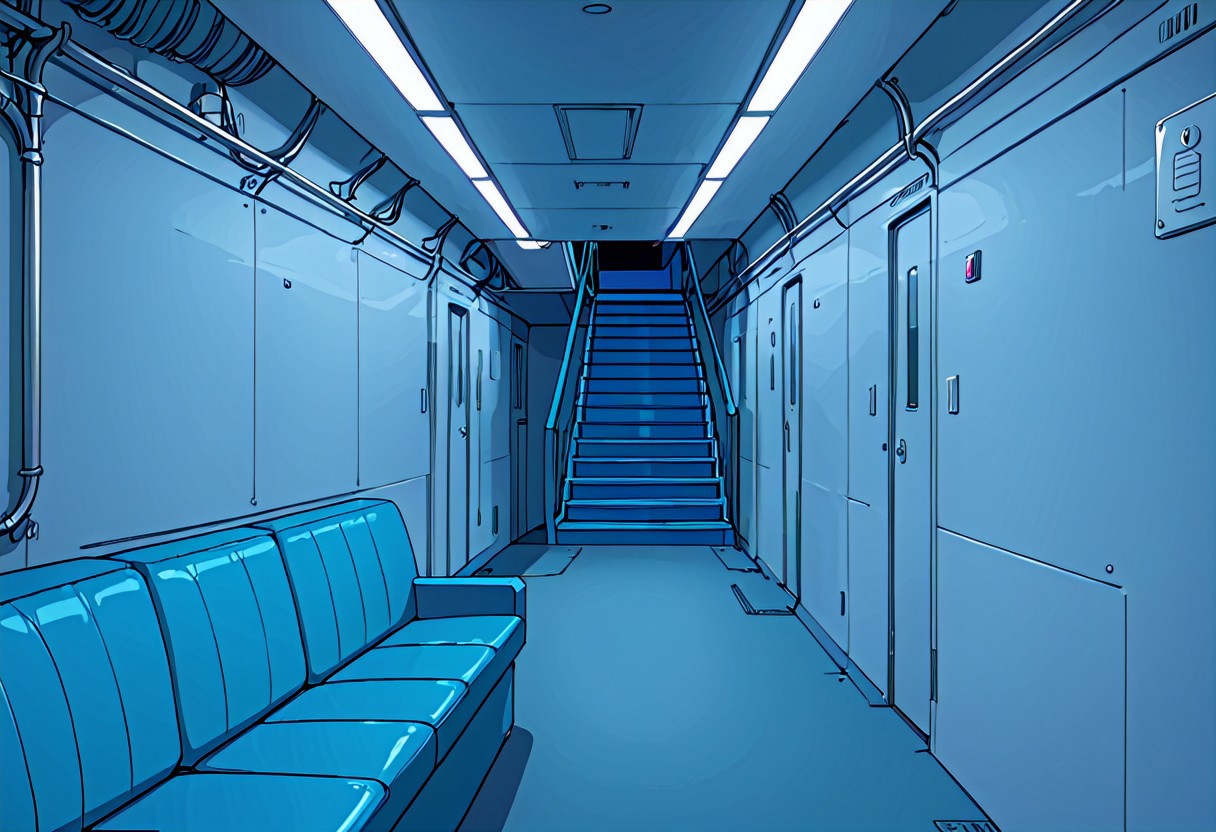 metal rectangular lounge room on a boat, metal plated walls, long room, simple walls, blank walls, sofa, sideview staircase going up, hallway, underground,  blue color, vivid color, no windows, thick lines, solid walls, clean and tidy, grunge, anime screencap in vwst artstyle, lineart, flat colors, high-definition 8k, best quality, high quality, ultra-detailed, vector, simple details, outlines