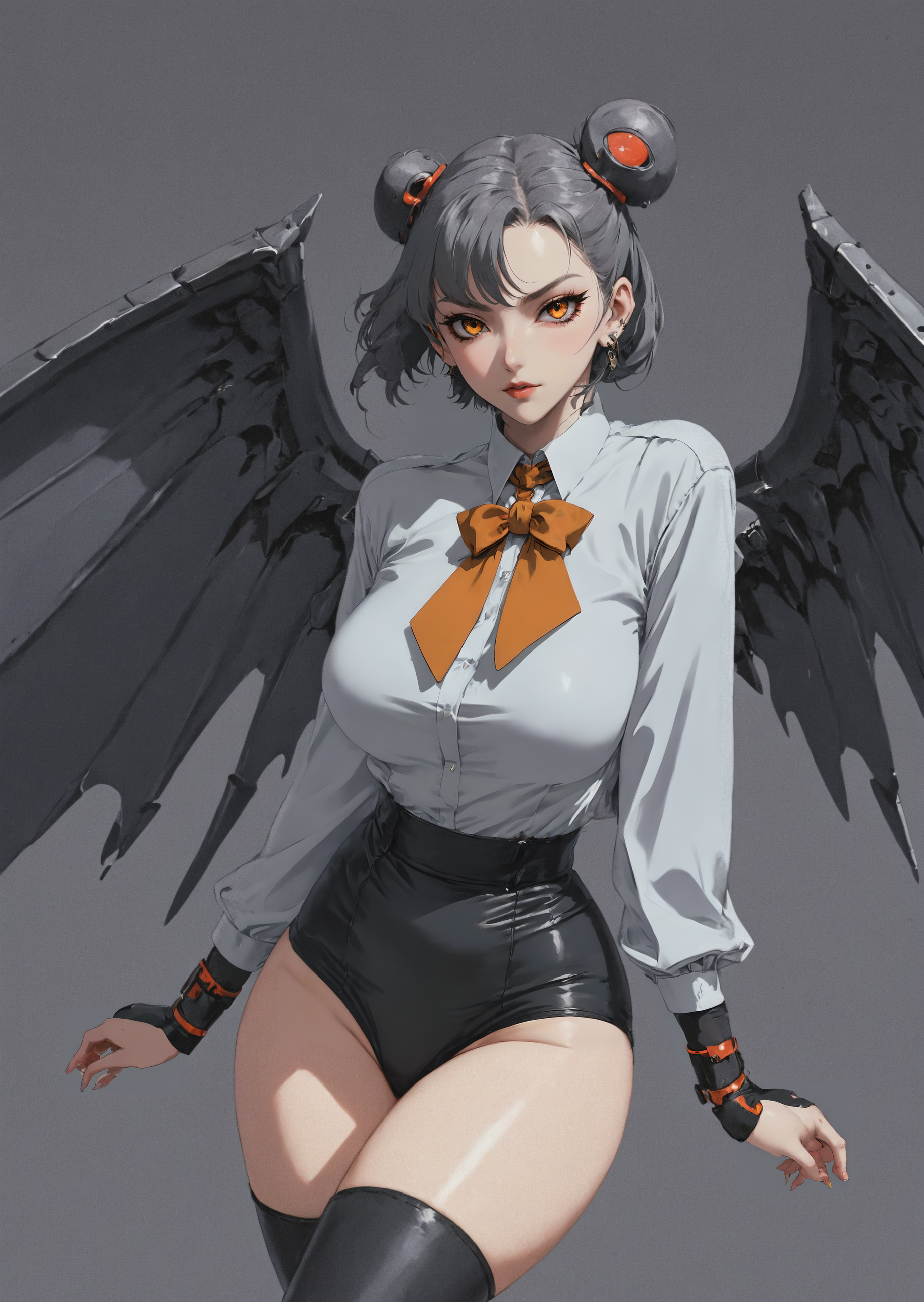 Score_9, score_8_up, score_7_up, score_6
(source_anime, cyberpunk:1, vibrant, colorful, retro_artstyle:1, 1990s_(style:1))
double bun, red bowtie, wariza, cuffs, arms behind back, blush, sky, green skin, mecha, crescent, cross earrings, mole under mouth, upskirt, shirt, demon wings, grey skin, yellow eyes, orange eyes
 <lora:Dark_Retro_Scifi_Aesthetic (1):1.2>