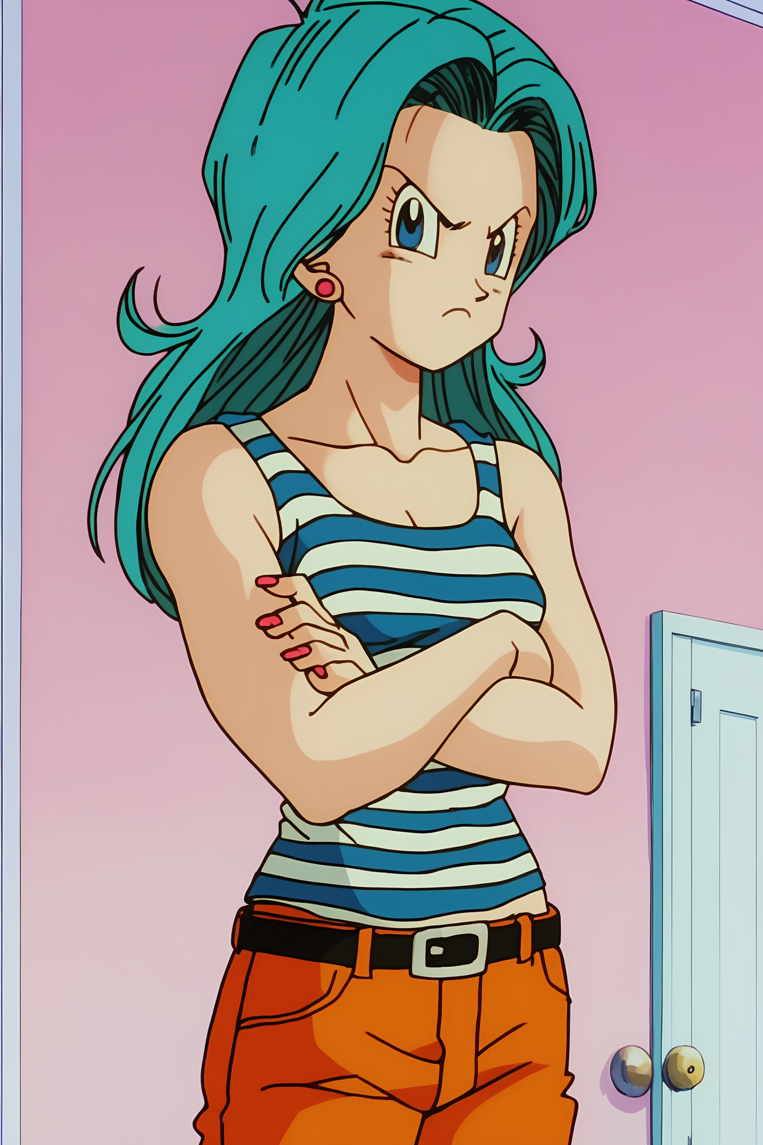 source_anime, score_9, score_8_up, score_7_up, anime screencap, absurd res,
bulma, DBZ, official style, 1girl, solo, long hair, looking at viewer, blue eyes, bare arms, blue hair, collarbone, upper body, stud earrings, striped, belt, v-shaped eyebrows, aqua hair, frown, fingernails, crossed arms, tank top, striped tank top, hair down, jeans, orange pants, pink wall, door, eyelashes, bare shoulders
<lora:DB_Bulma_v2-000046:0.8>