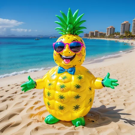 happy inflatable pineapple on the beach drinking inflatable cosmopolitan, warm sunny day, sunglasses, ocean in behind, 16mm, 8k