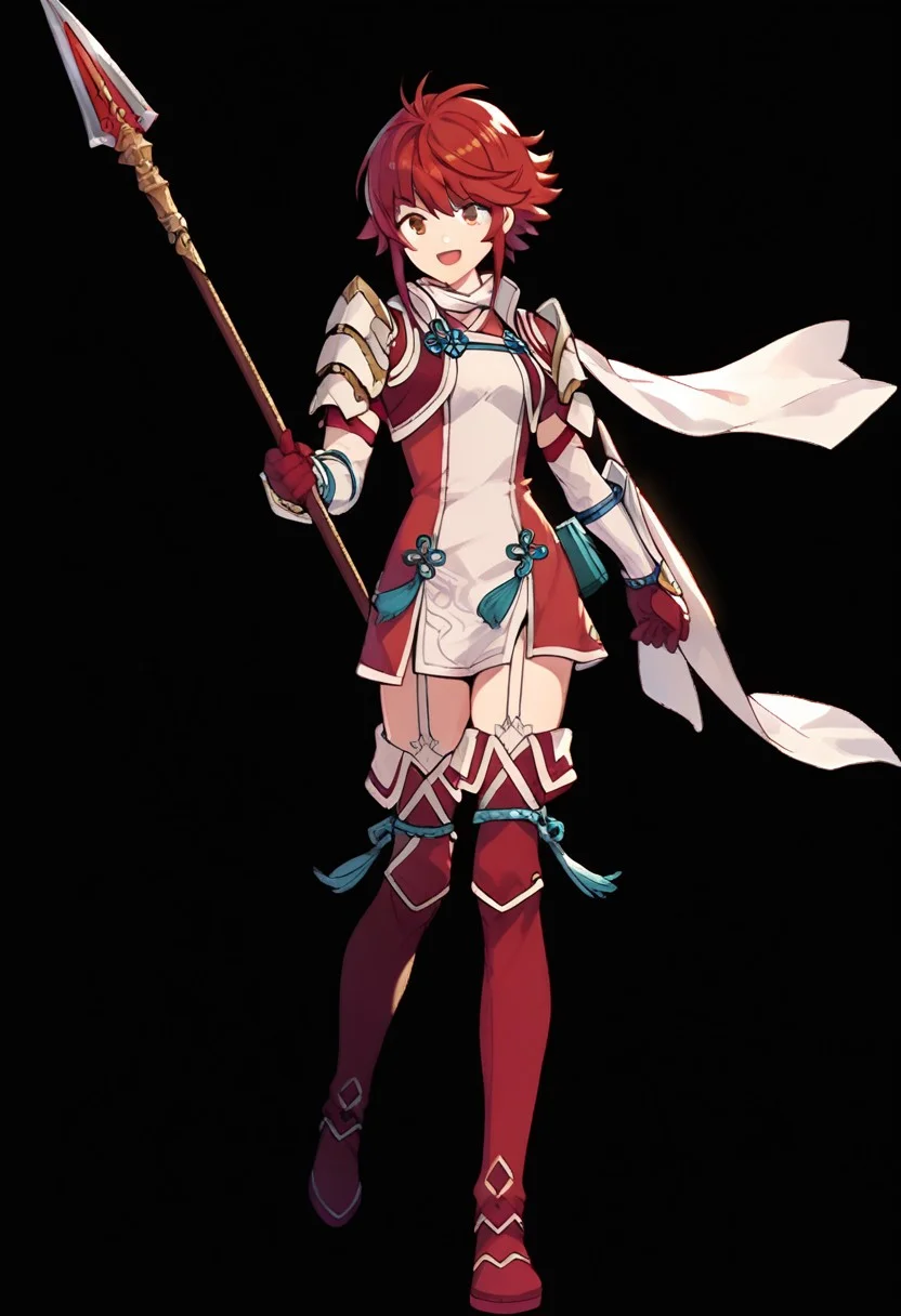EnD_Hinoka, 1girl, armor, black background, boots, dress, full body, garter straps, gloves, holding, holding weapon, open mouth, polearm, red eyes, red footwear, red hair, red thighhighs, scarf, short dress, short hair, shoulder armor, simple background, smile, solo, spear, thigh boots, thighhighs, weapon, white scarf, BREAK score_9, score_8_up, score_7_up, score_6_up, score_5_up, score_4_up,