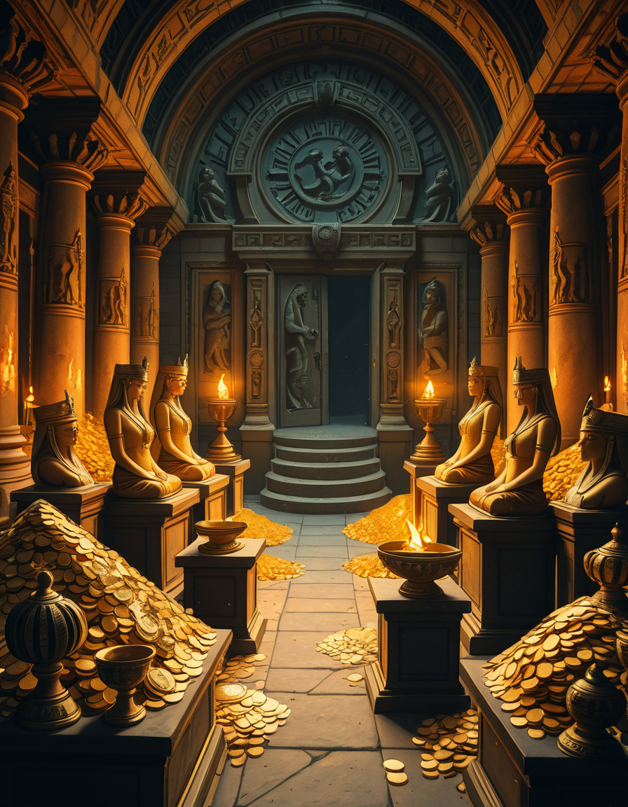 A hidden treasure chamber deep within an ancient temple, illuminated by the warm golden glow of torches and mystical blue light from enchanted crystals. The room is filled with piles of gold coins, jewel-encrusted goblets, and ancient artifacts covered in dust. Massive stone statues of forgotten deities guard the chamber, their eyes glowing faintly as if watching intruders. In the center, a grand pedestal holds a legendary artifactâan ornate golden crown encrusted with emeralds and sapphires, shimmering with an otherworldly aura. The walls are adorned with intricate carvings depicting lost civilizations, and creeping vines hint at centuries of abandonment. The atmosphere is mystical and slightly eerie, with a sense of both wonder and danger. The air is thick with the scent of aged parchment and burning incense, adding to the chamberâs ancient and mysterious feel. Cinematic lighting with dramatic shadows enhances the depth and richness of the scene, creating a visually stunning and immersive environment.
<lora:SDXLFaeTastic2400:0.4> <lora:extremely_detailed:0.4> extremely detailed,treasure ch4mb3r, <lora:treasure_ch4mb3r-i:1>, Masterpiece,best quality,hi res,8k,hi res,8k,award winning,(sharp focus, intricate, highly detailed),