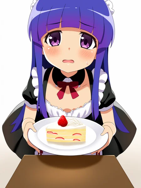 higurashimei, 1girl, furude rika, safe, (child:1.2), solo, blue hair, purple eyes, long hair, blunt bangs, bangs, ((flat_chest)), simple background, white background, maid, maid headdress, embarrassed, standing, leaning forward, holding plate, strawberry shortcake on plate, looking at viewer, open mouth, blush, sweatdrop, 
(masterpiece, best quality, absurdres, highres, newest:1.2), very awa, 