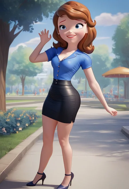 princess Sofia,brown hair,blue eyes,score_up_8, score_up_9, 1girl, solo, medium breasts, 18 years old, blue shirt,black skirt, miniskirt, pencil skirt,leather skirt cleavage, sex provocation pose, seducatuve smile, high heels, high quality, 8k,best quality, HD, masterpiece, at park,blue sky,