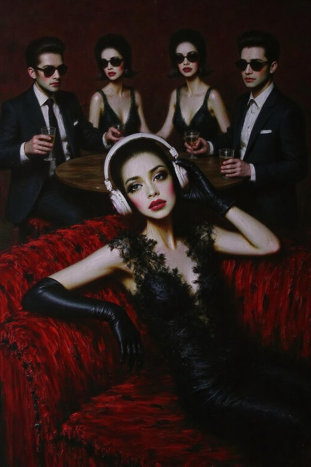 talo1 painting.
Close up of a stylish young woman in a lace dress, wearing oversized headphones, lounges on a plush velvet couch with an air of cool detachment. She dons sleek black gloves, embodying the effortless glamour of the era. In the background, a group of fashionable, well-dressed people in tailored suits and cocktail dresses sit around a table, enjoying drinks and conversation, all wearing sunglasses.  <lora:talo1_cap_d6a3e15:1.0><lora:828773863430155636:0>