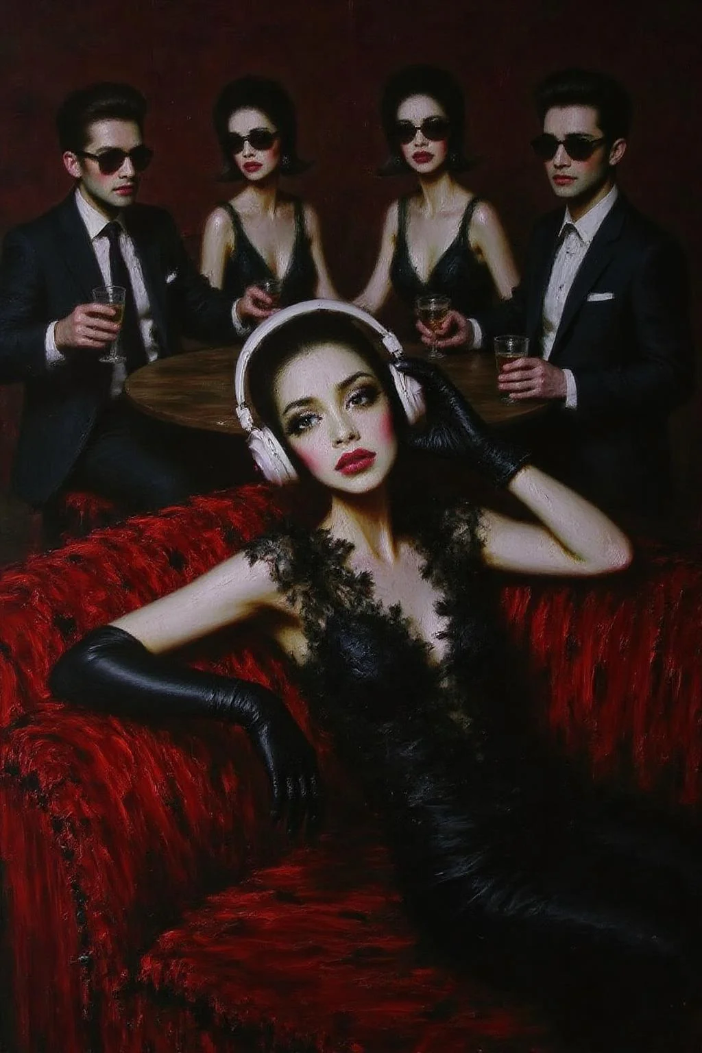 talo1 painting.
Close up of a stylish young woman in a lace dress, wearing oversized headphones, lounges on a plush velvet couch with an air of cool detachment. She dons sleek black gloves, embodying the effortless glamour of the era. In the background, a group of fashionable, well-dressed people in tailored suits and cocktail dresses sit around a table, enjoying drinks and conversation, all wearing sunglasses. <lora:talo1_cap_d6a3e15:1.0><lora:828773863430155636:0>