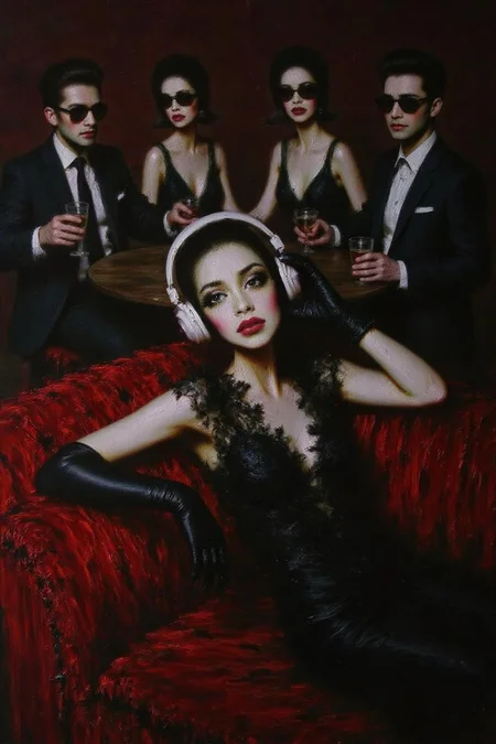 talo1 painting.
Close up of a stylish young woman in a lace dress, wearing oversized headphones, lounges on a plush velvet couch with an air of cool detachment. She dons sleek black gloves, embodying the effortless glamour of the era. In the background, a group of fashionable, well-dressed people in tailored suits and cocktail dresses sit around a table, enjoying drinks and conversation, all wearing sunglasses. <lora:talo1_cap_d6a3e15:1.0><lora:828773863430155636:0>